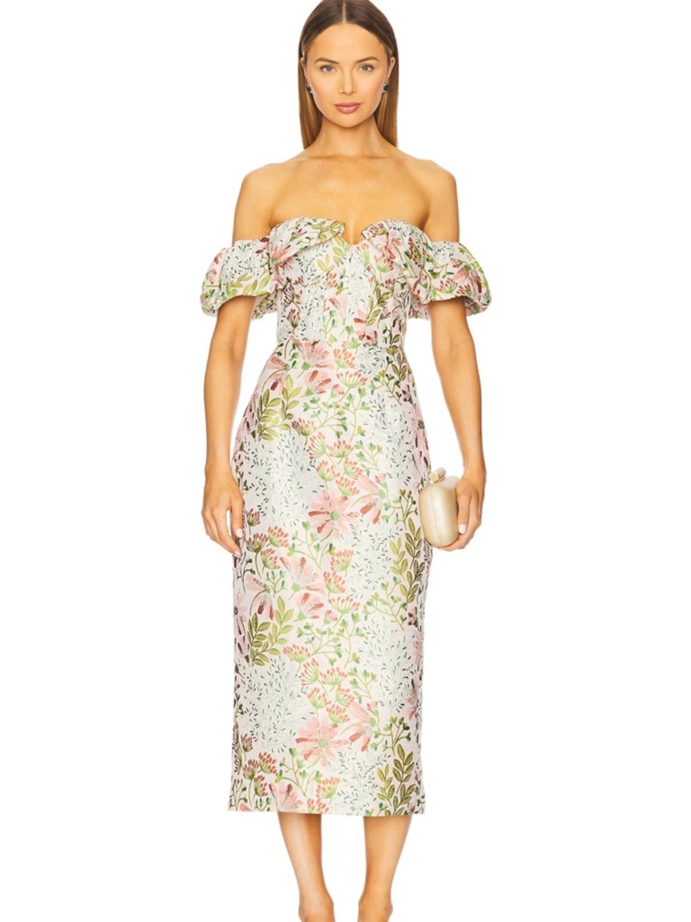 Elliatt Off-Shoulder Floral Midi Dress in White, Pink & Green